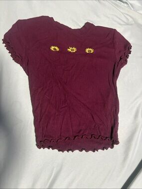 Forever 21 Maroon Ribbed Tee with Yellow Sunflower Embroidery
